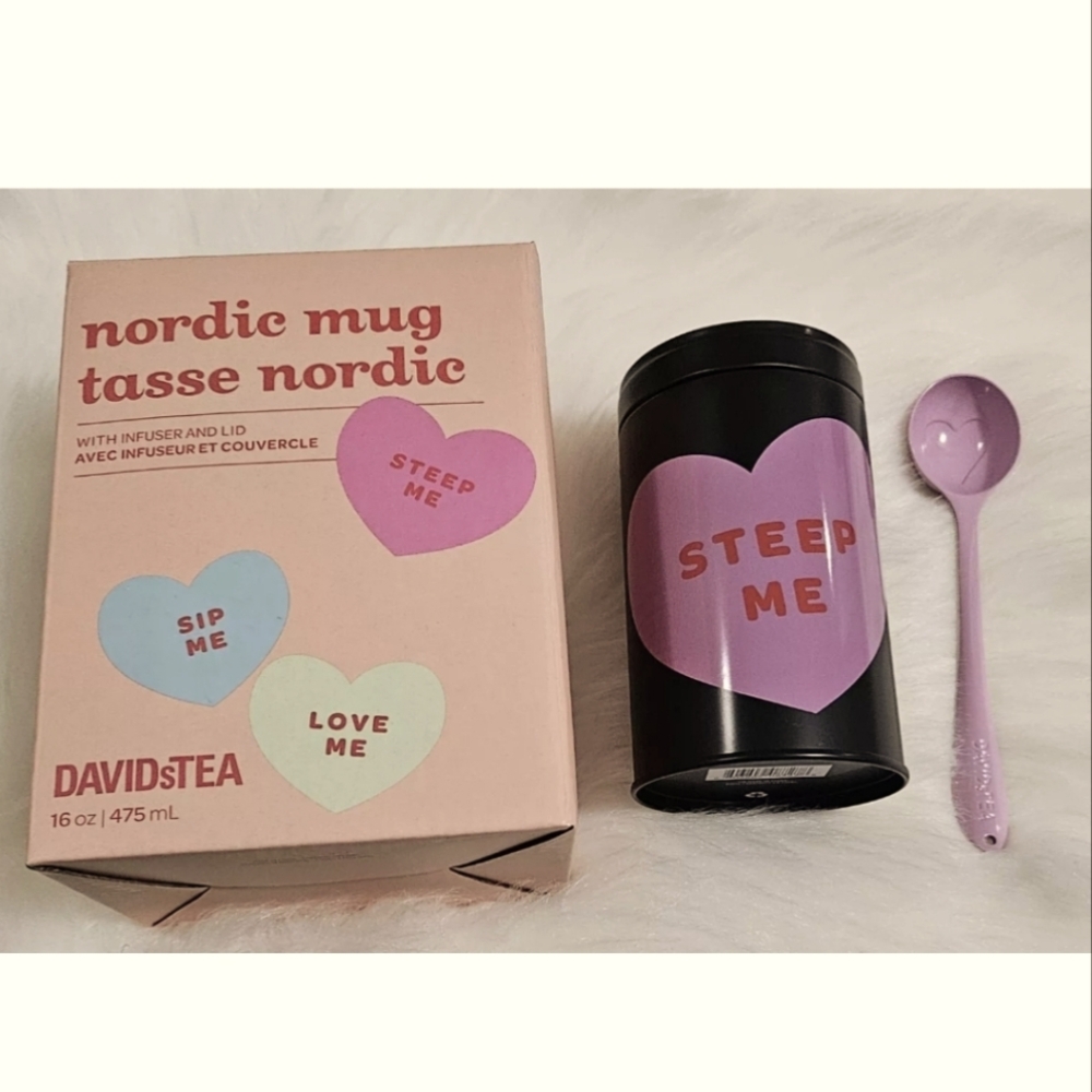 NIB Davids Tea Valentine's Day CANDY HEART Colour Changing Nordic Mug Tin Spoon